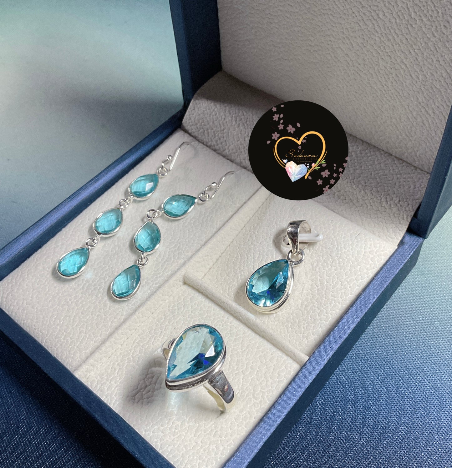Perfect Silver s925 Blue Topaz Drop Jewel Set ( gift set for her / birthday gift / Christmas gift in faceted cut ) Made from 産地: Italy🇮🇹