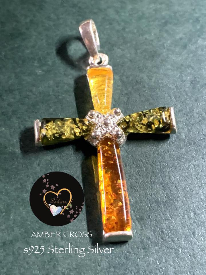 Natural Multi-Color BALTIC AMBER CROSS s925 Necklace Pendant