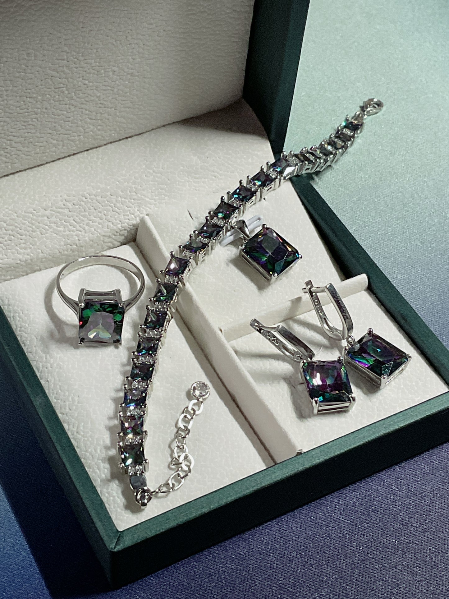 Emerald cut complete SET Mystic Topaz ( gift set for her / Birthday gift / Christmas gift ) Made from 産地: Italy🇮🇹