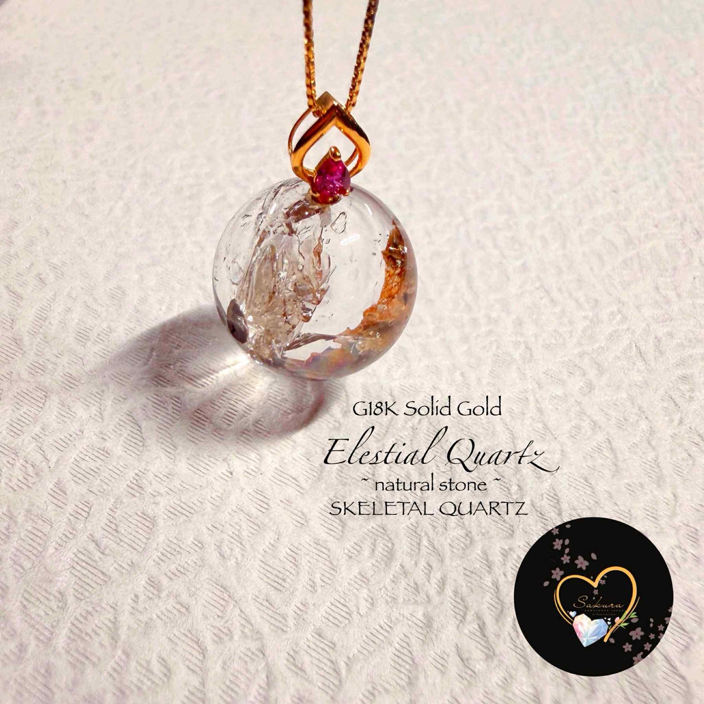 G18K Solid Gold Genuine Elestial Quartz Necklace Pendant NO.2