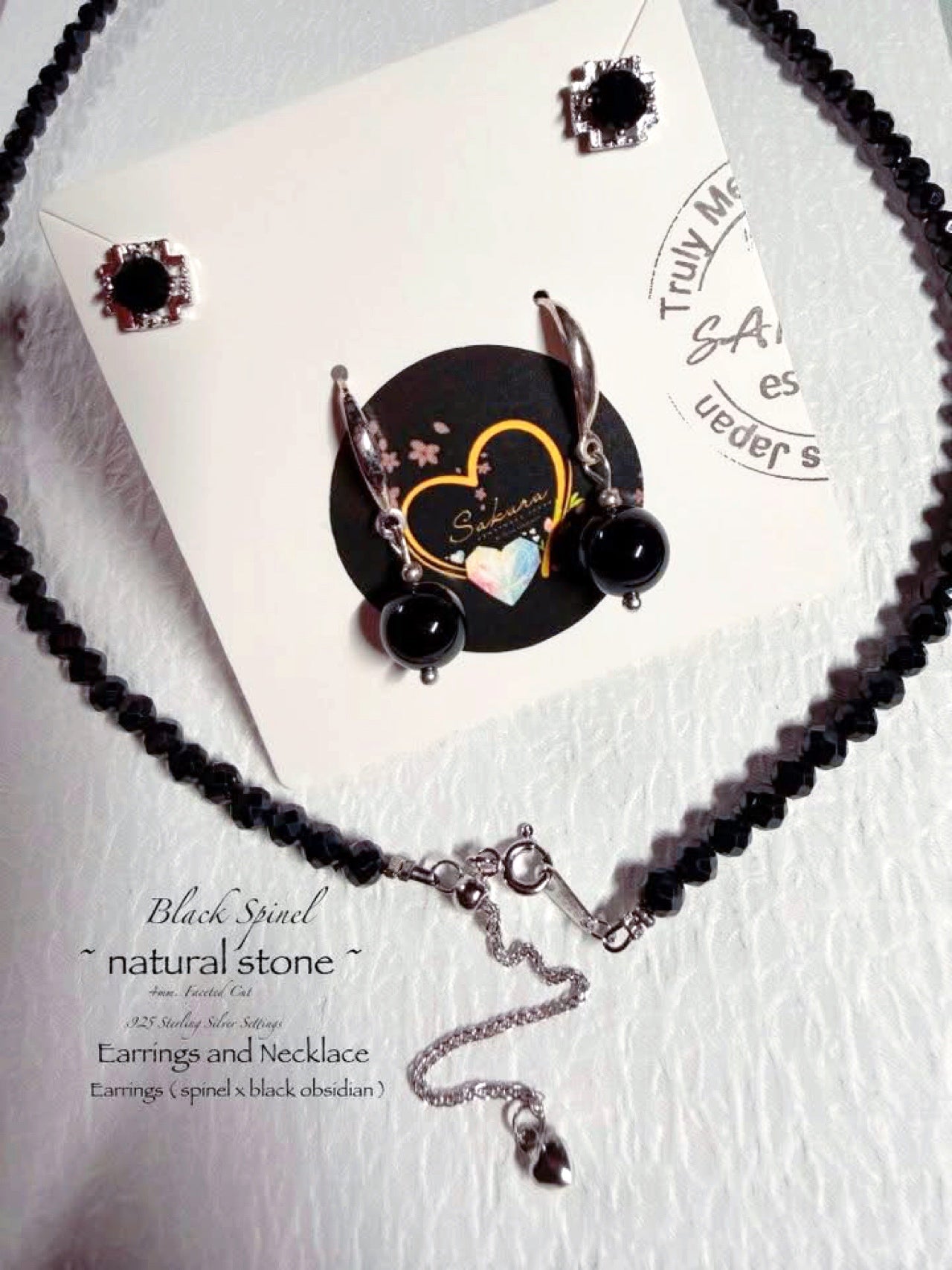 s925 Sterling Silver BLACK Spinel necklace + earrings set