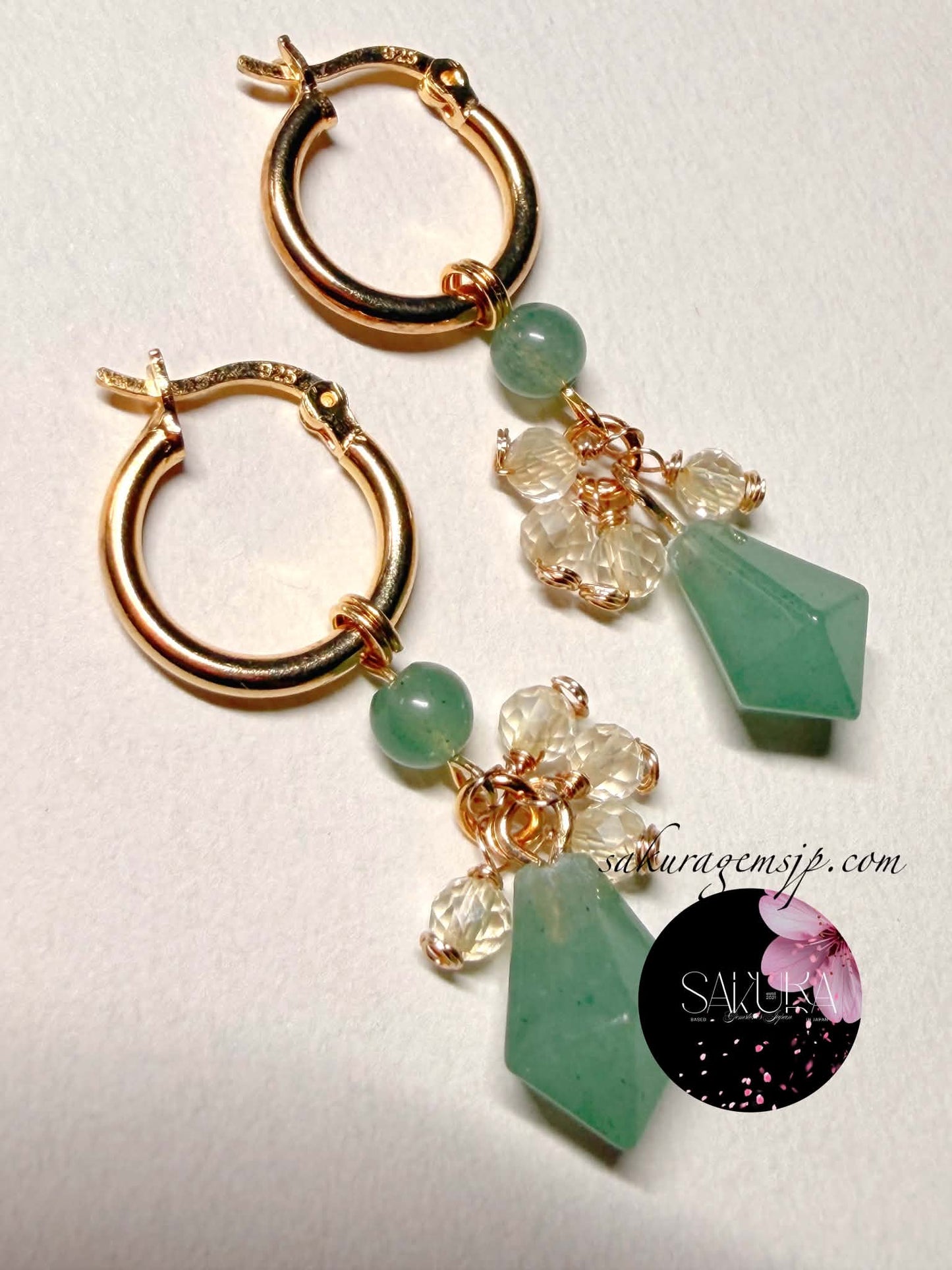 s925 Sterling Silver Gold Hoop Green Aventurine x Faceted Citrine Dangling Earrings