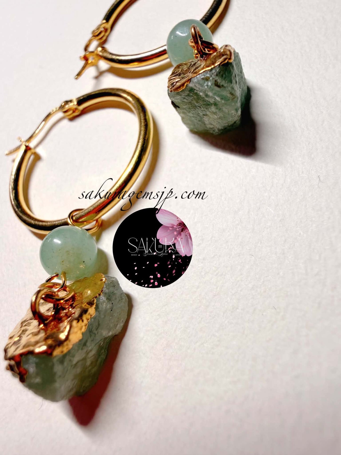 s925 Sterling Silver Gold Hoop Raw Stone Green Aventurine Dangling Earrings