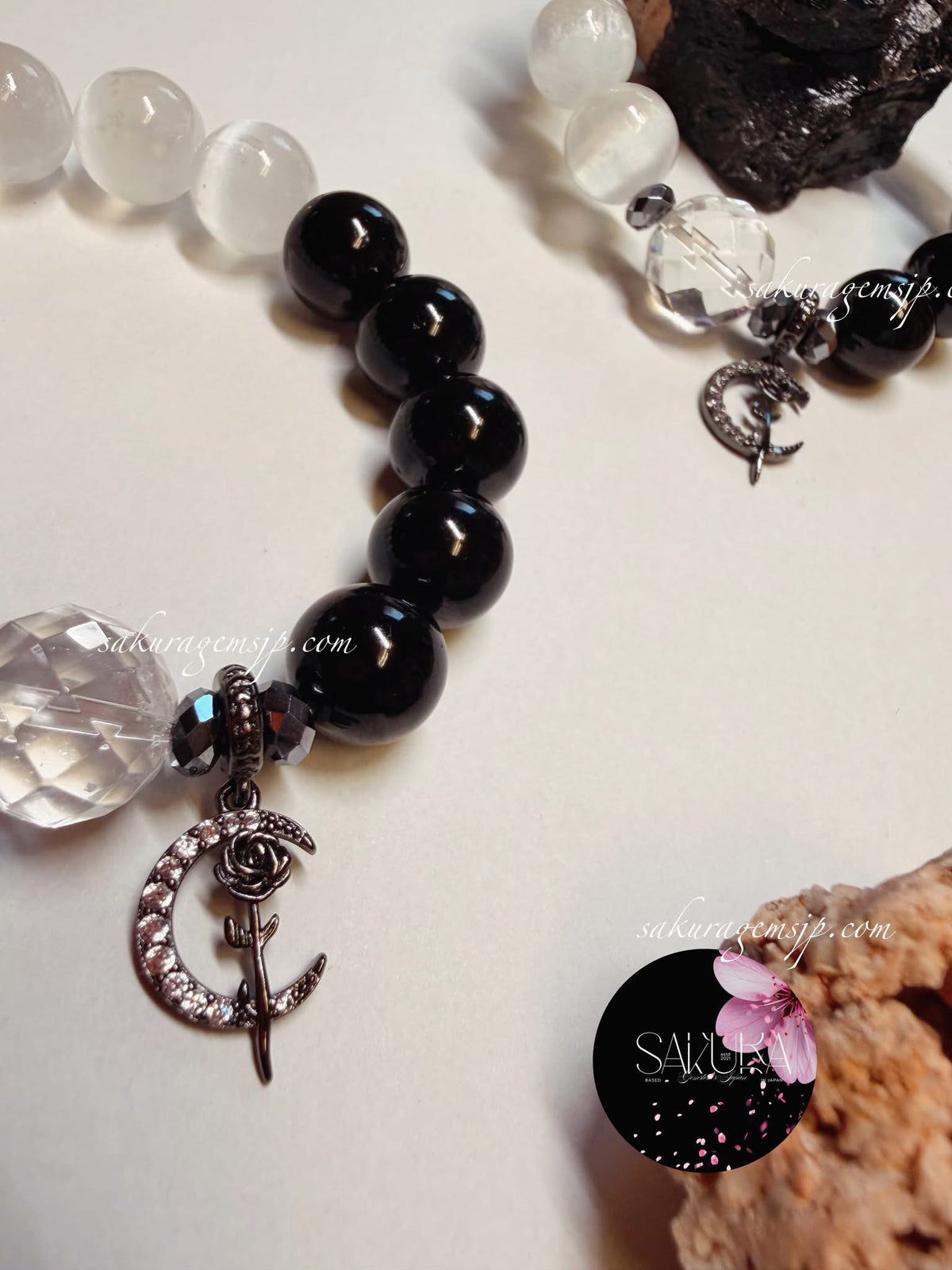 Satin Spar ( Selenite ) and Black Tourmaline Bracelet