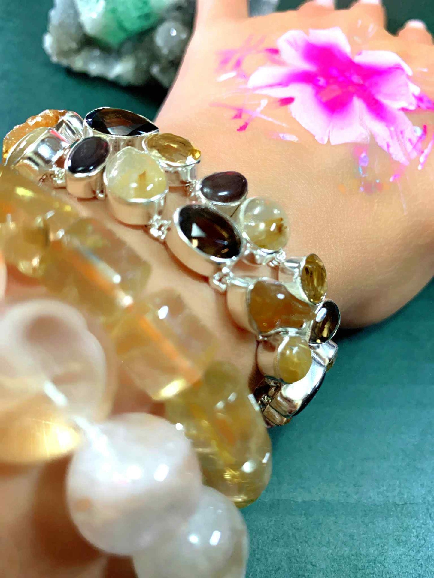 Citrine x Chunky Raw Citrine x Golden Obsidian x Smoky Quartz x Golden Rutile in Quartz Bracelet