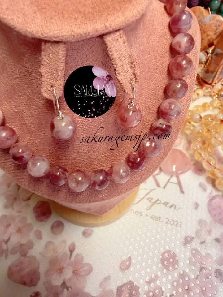 Deep Pink Purple MICA Lepidolite Necklace & Earrings SET