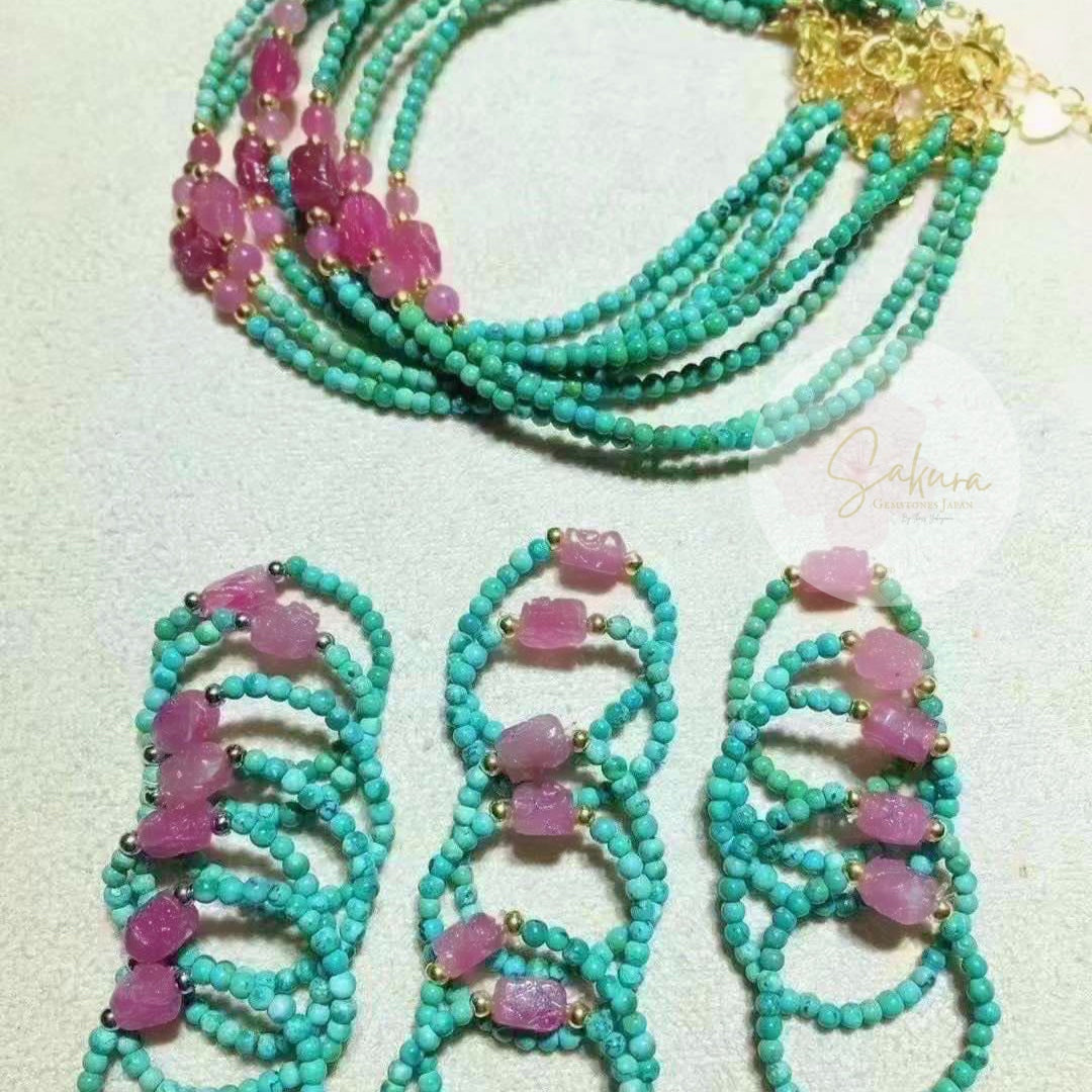 Natural TURQUOISE + Pink Tourmaline in s925 settings ( bracelet + ring SET )