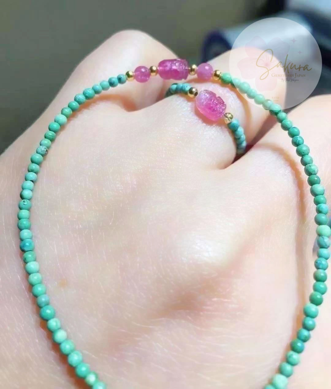 Natural TURQUOISE + Pink Tourmaline in s925 settings ( bracelet + ring SET )