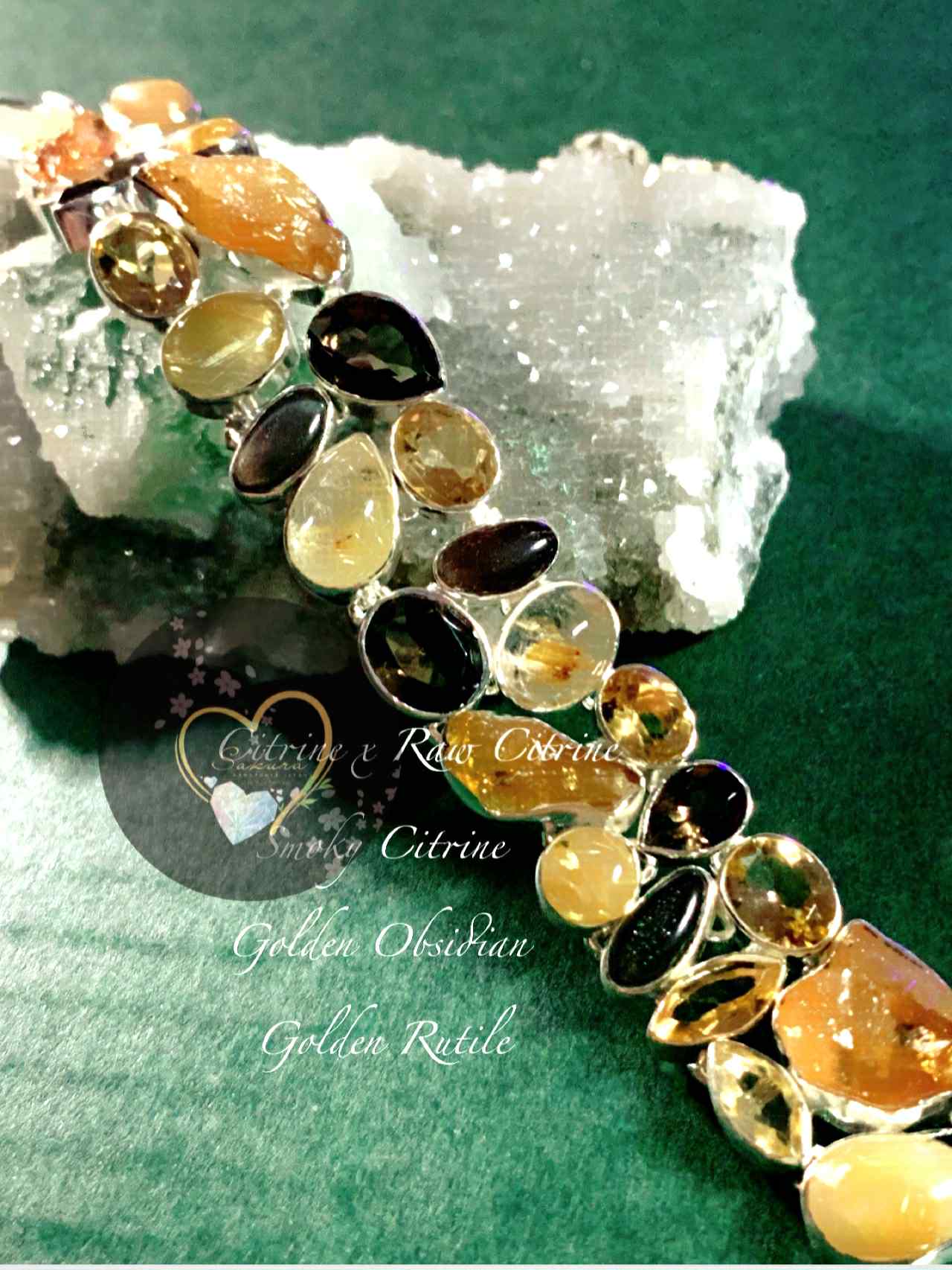 Citrine x Chunky Raw Citrine x Golden Obsidian x Smoky Quartz x Golden Rutile in Quartz Bracelet