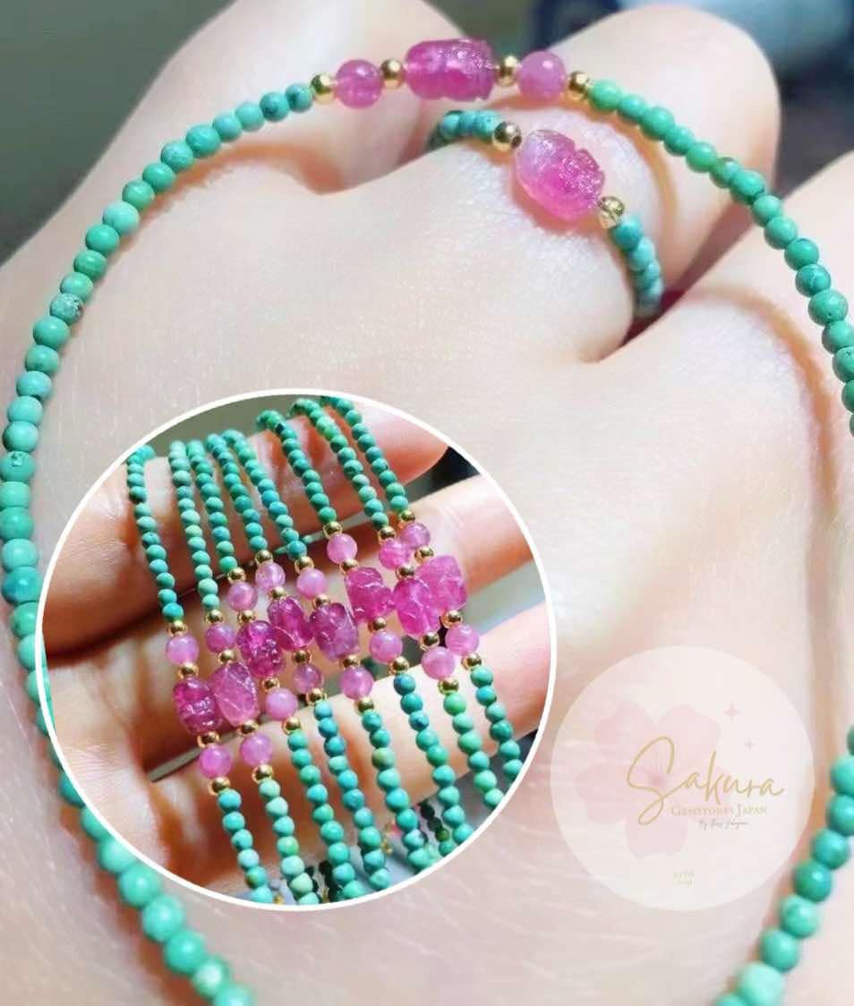 Natural TURQUOISE + Pink Tourmaline in s925 settings ( bracelet + ring SET )