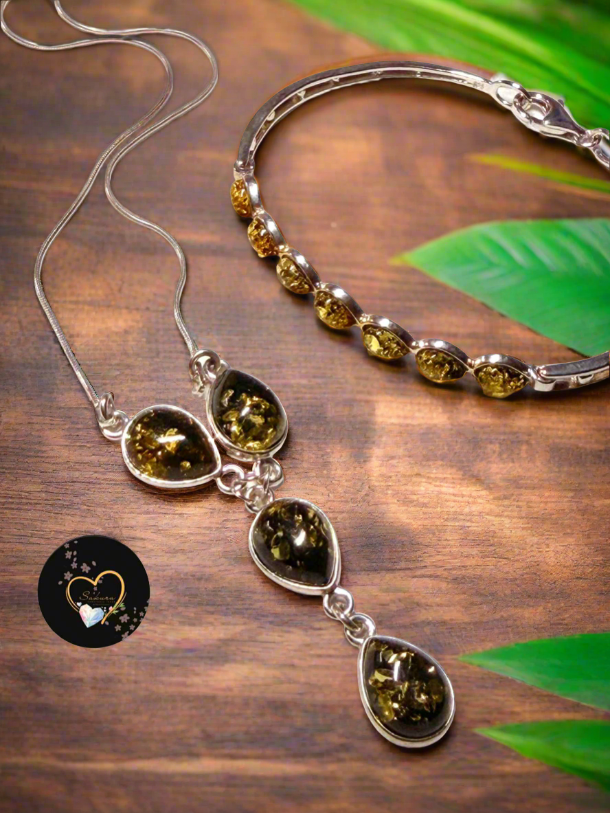 s925 Silver Natural BALTIC Green Amber Bracelet