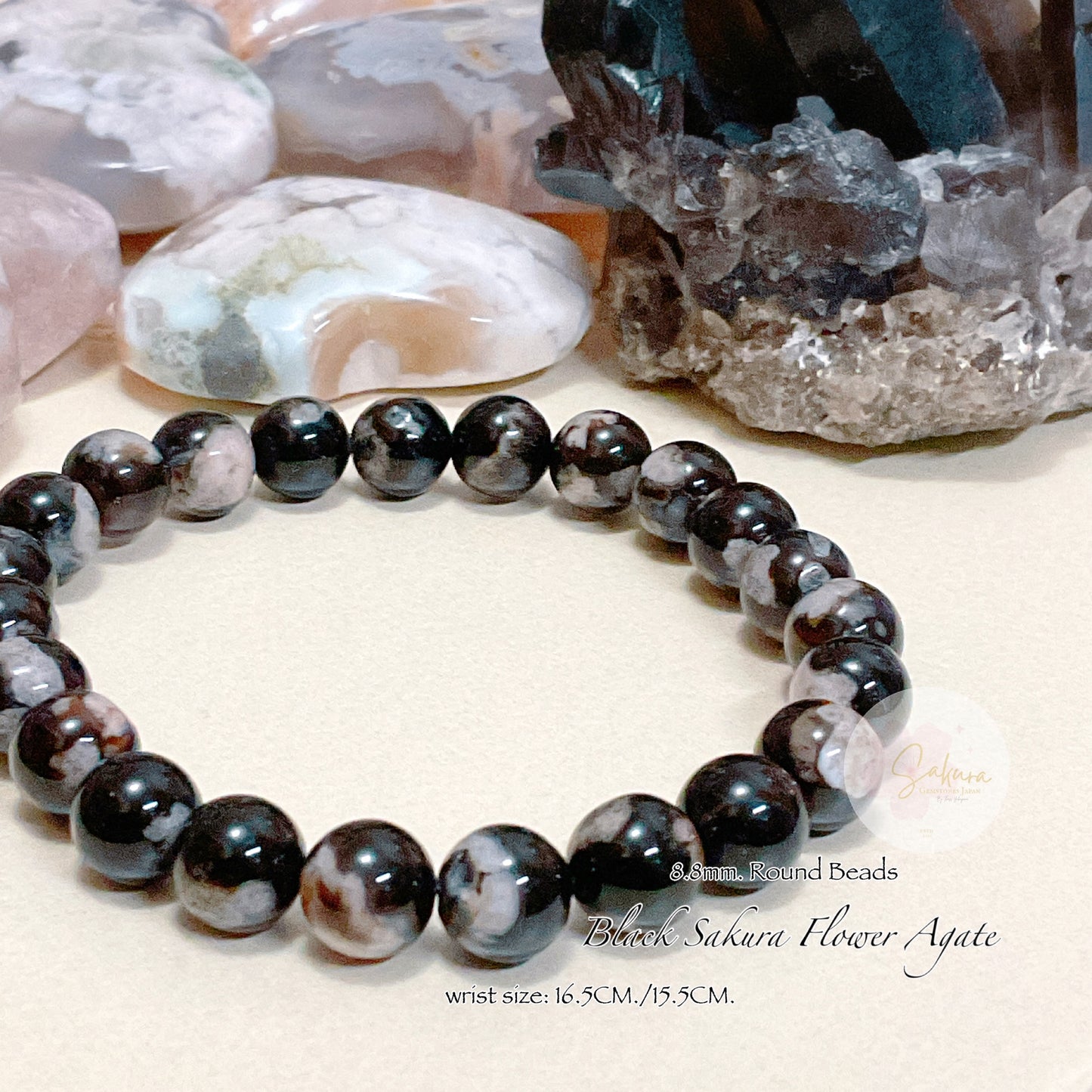 Natural BLACK Sakura Flower Agate  Bracelet