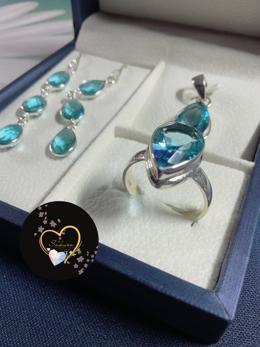 Perfect Silver s925 Blue Topaz Drop Jewel Set ( gift set for her / birthday gift / Christmas gift in faceted cut ) Made from 産地: Italy🇮🇹