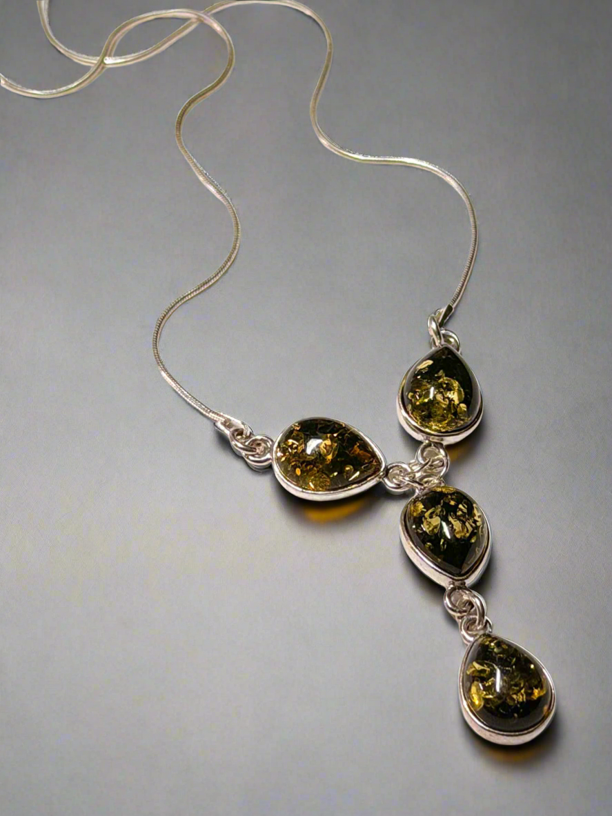 Solid s925 Silver Natural BALTIC Green Amber Necklace