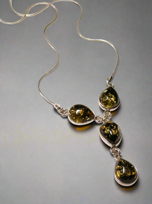 Solid s925 Silver Natural BALTIC Green Amber Necklace