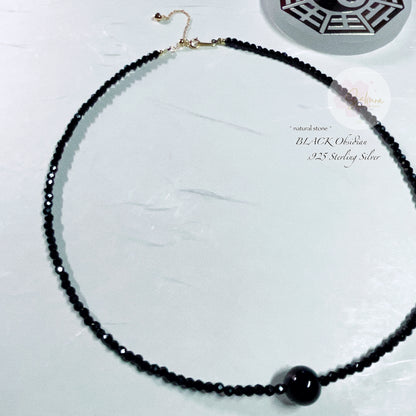 s925 Sterling Silver BLACK Obsidian Necklace ~ faceted-bead ~