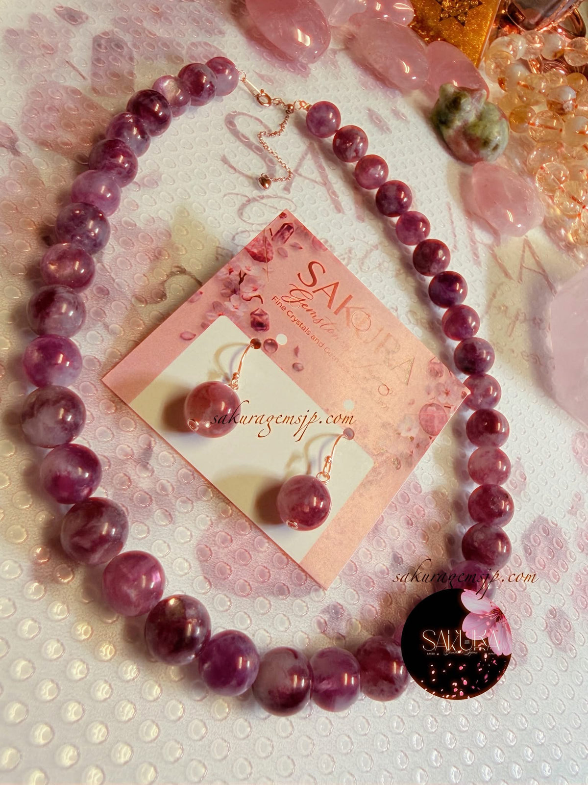 Deep Pink Purple MICA Lepidolite Necklace & Earrings SET