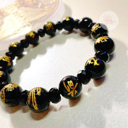 Kujigoshinbo + Four Gods Carvings in BLACK ONYX Bracelet