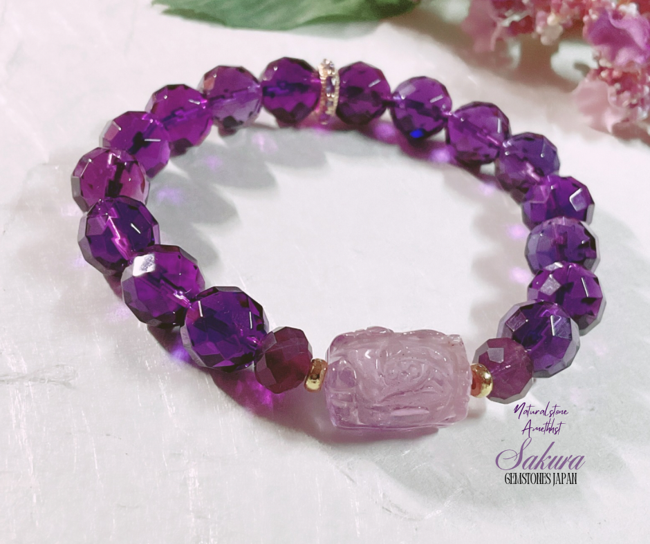 Amethyst Faceted Beads / Amethyst LOTUS 🪷 flower carving charm bracelet ( desabure by: im sakura )