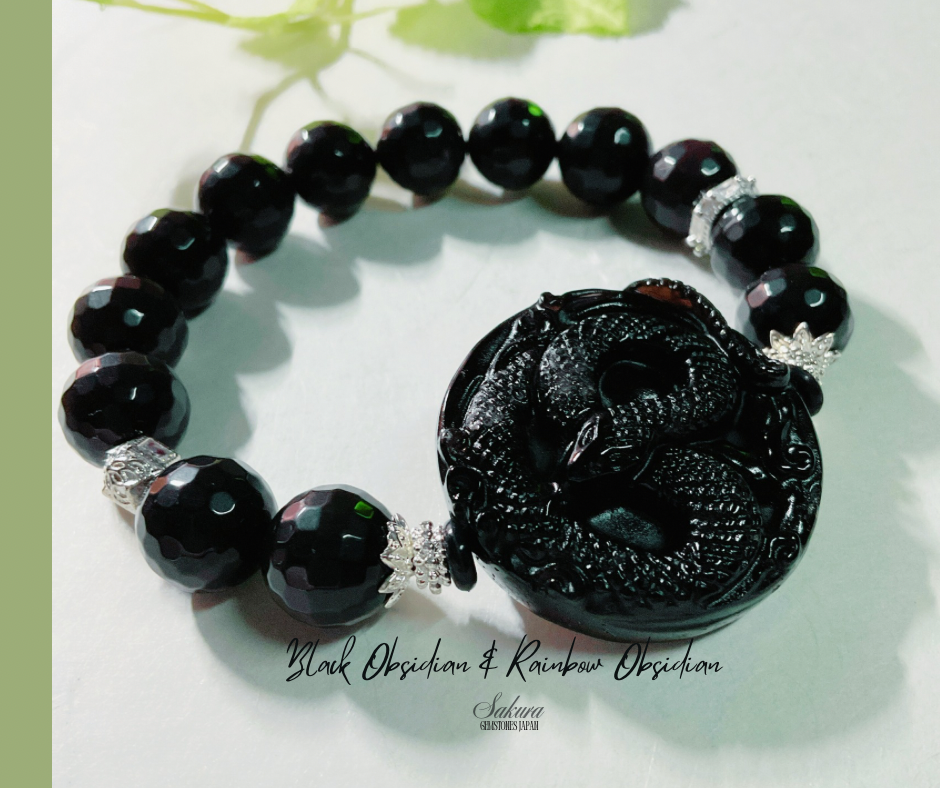 Black Obsidian Snake & Rainbow Obsidian Beads Bracelet ( desabure by: im sakura )