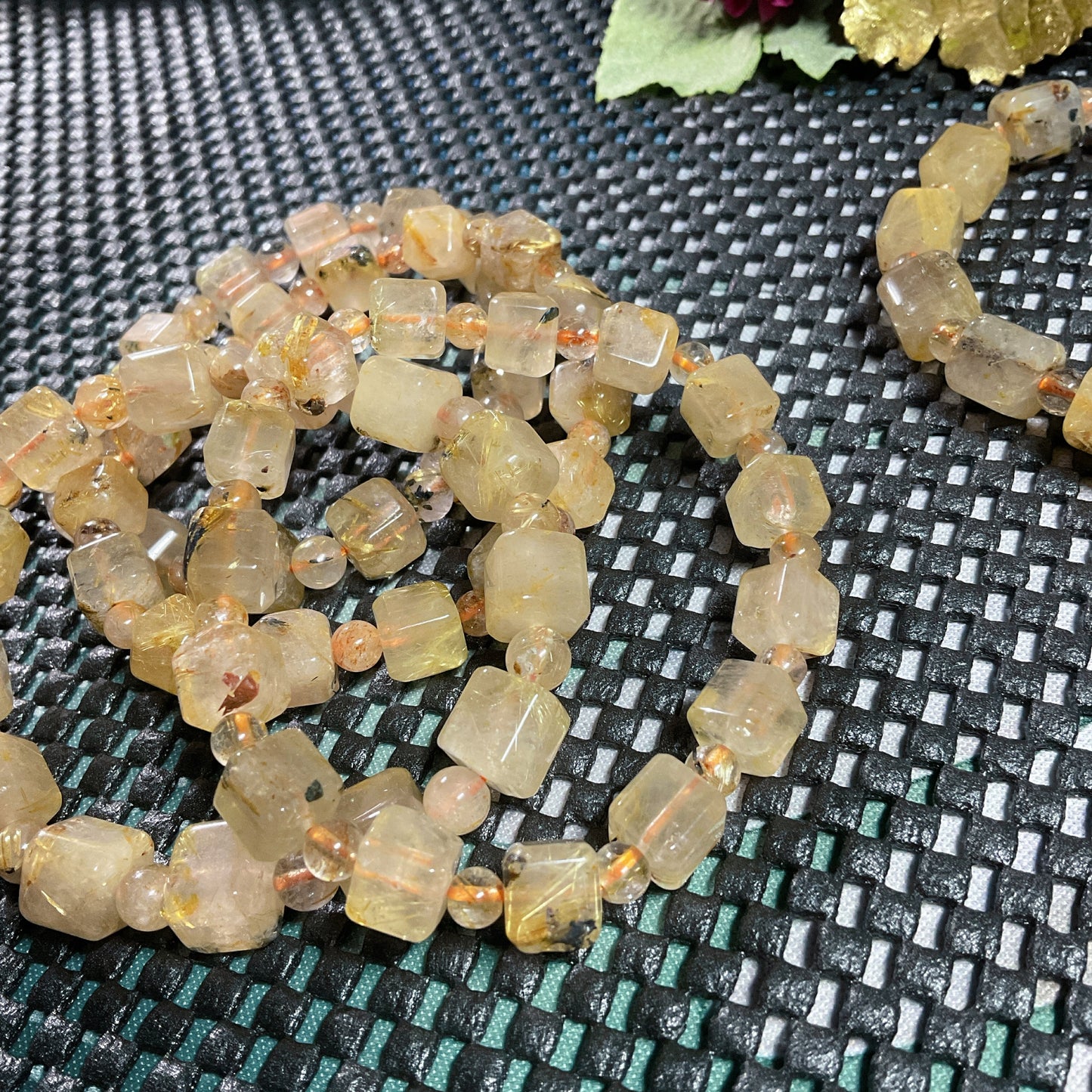 Golden Rutile in Quartz Bracelet ( square x round beads )