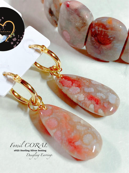 FOSSIL CORAL 🪸 Bangle Bracelet x s925 Settings Earrings ( SET )
