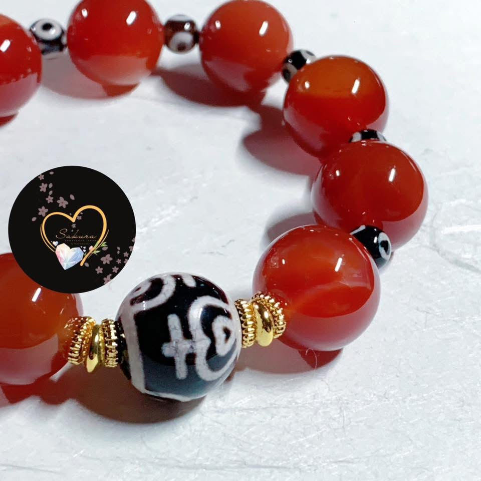 Carnelian TENJU ( 花蜜容器天珠 ) TIBETAN Dzi Bead x3 EYE Bracelet