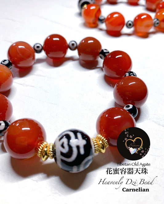 Carnelian TENJU ( 花蜜容器天珠 ) TIBETAN Dzi Bead x3 EYE Bracelet