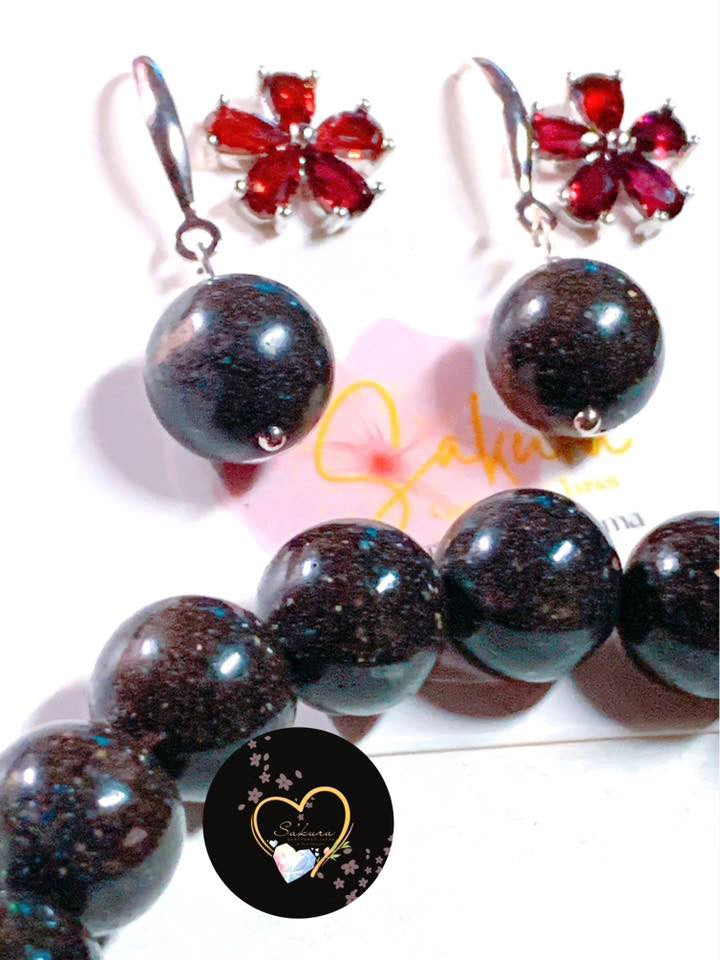 MATRIX Black OPAL Bracelet x Earrings SET ( s925 garnet stud earrings )
