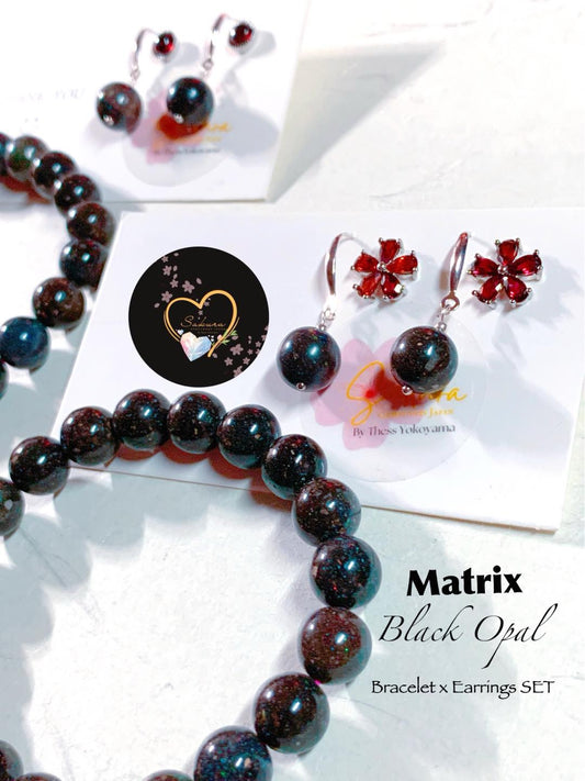 MATRIX Black OPAL Bracelet x Earrings SET ( s925 garnet stud earrings )