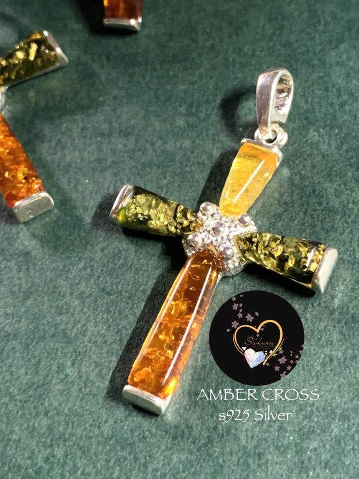 Natural Multi-Color BALTIC AMBER CROSS s925 Necklace Pendant