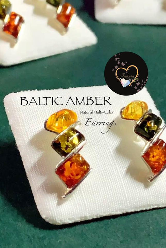 Natural Multi-Color BALTIC AMBER Earrings s925
