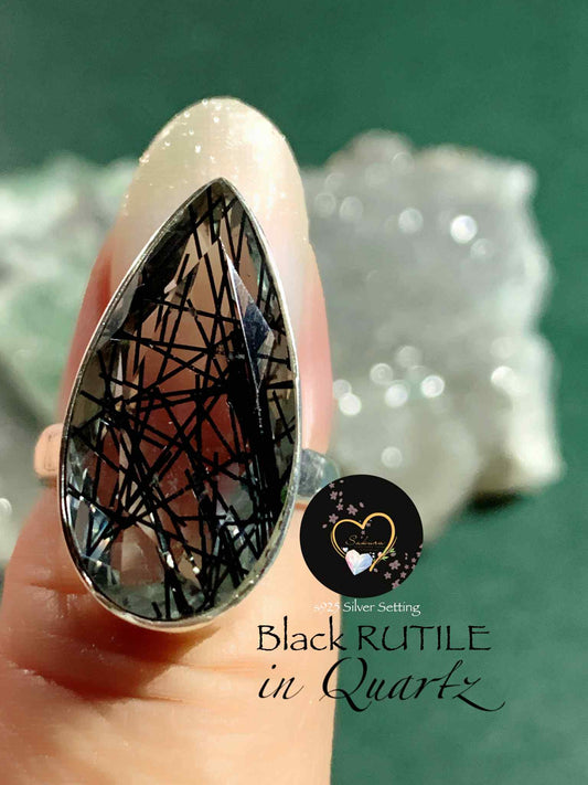 BLACK RUTILE in Quartz s925 Ring