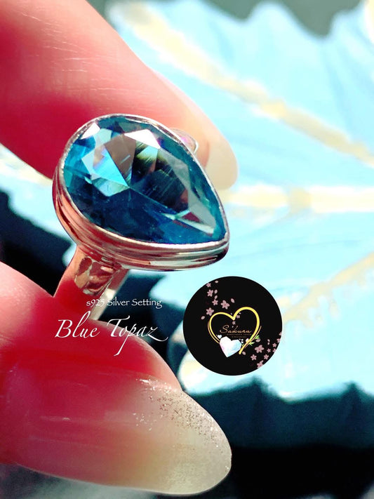 s925 Silver Natural BLUE TOPAZ Teardrop Shaped Ring