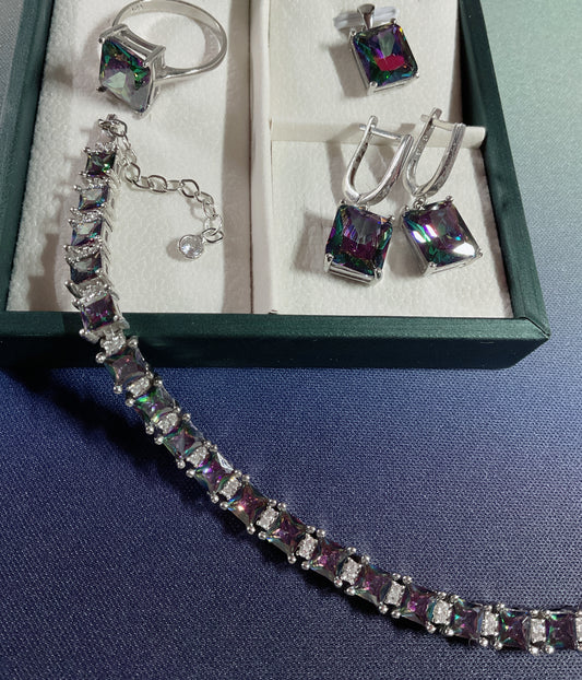Emerald cut complete SET Mystic Topaz ( gift set for her / Birthday gift / Christmas gift ) Made from 産地: Italy🇮🇹