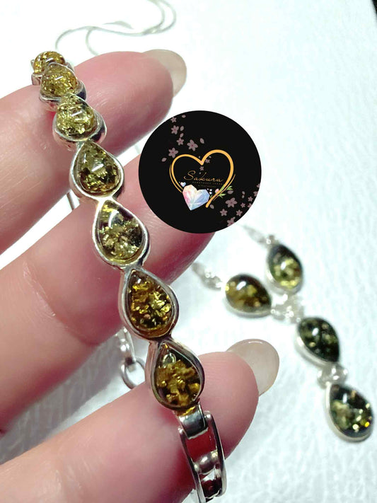 s925 Silver Natural BALTIC Green Amber Bracelet