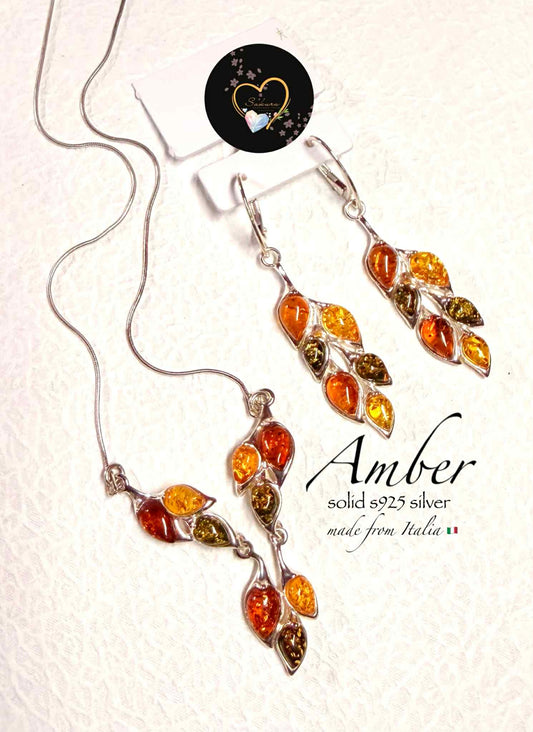 s925 Silver Multi Color Baltic Amber Necklace + Dangling Earrings