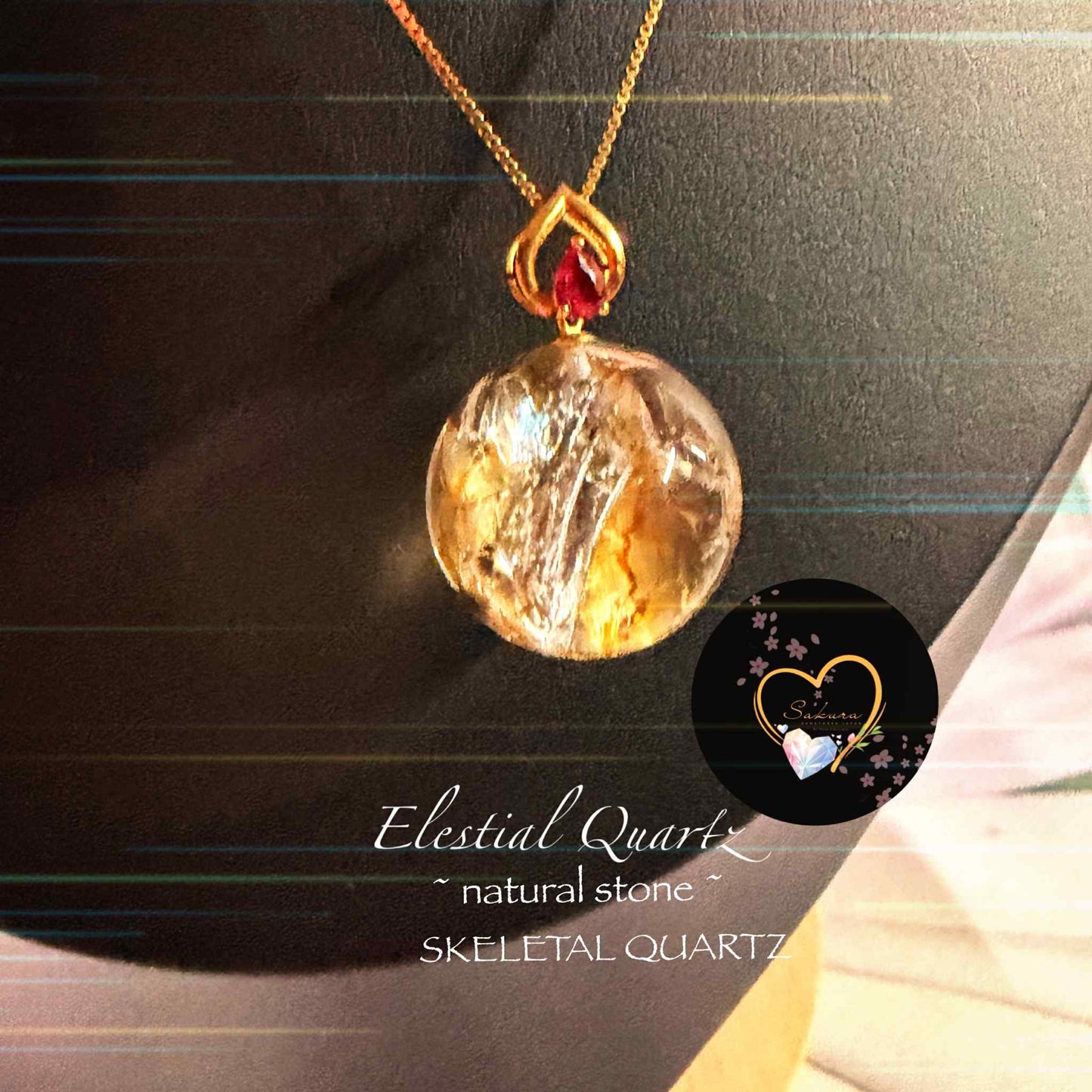 G18K Solid Gold Genuine Elestial Quartz Necklace Pendant