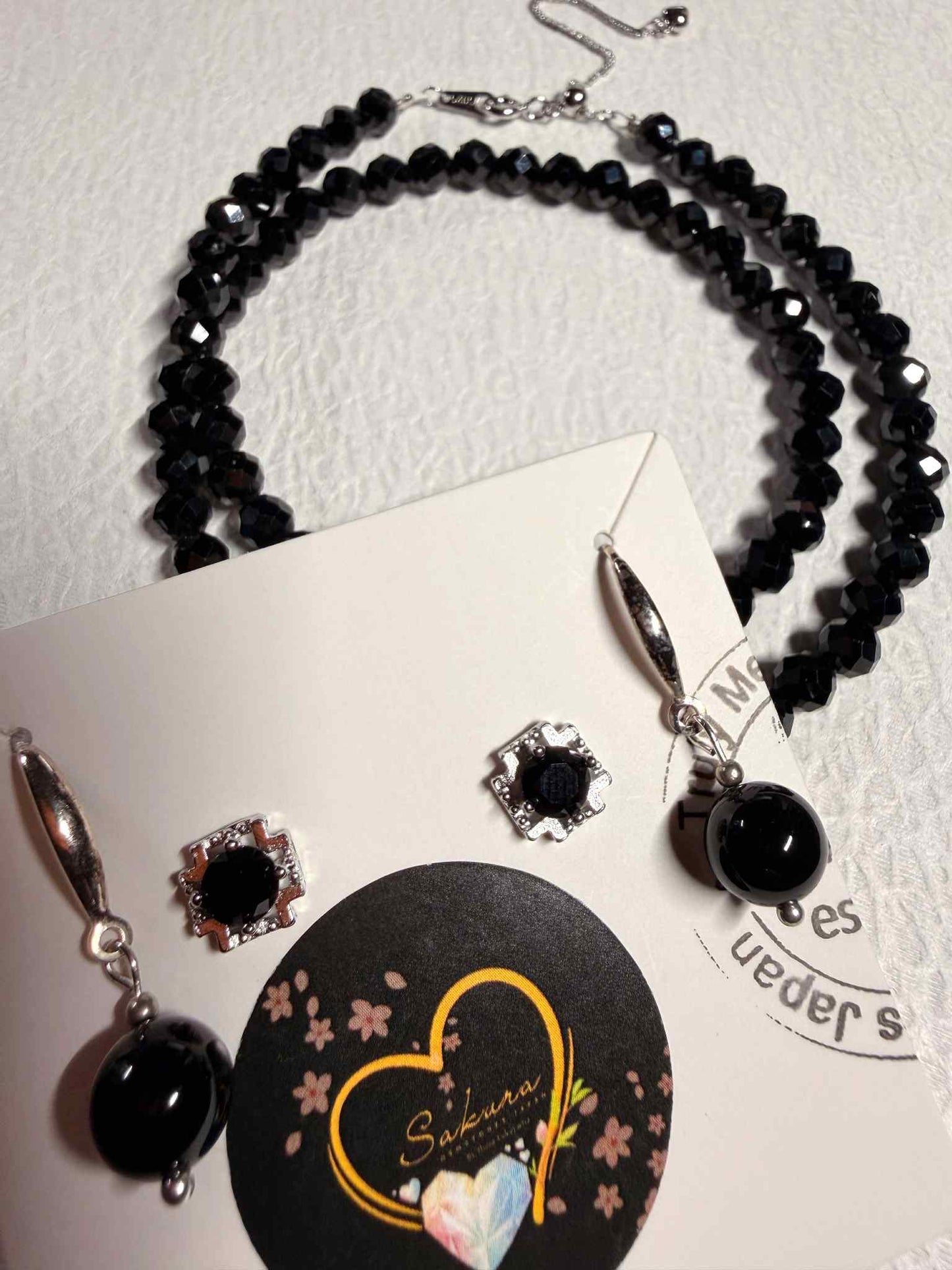 s925 Sterling Silver Black Spinel earrings + necklace set