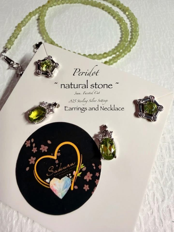 s925 Sterling Silver Peridot earrings and necklace set
