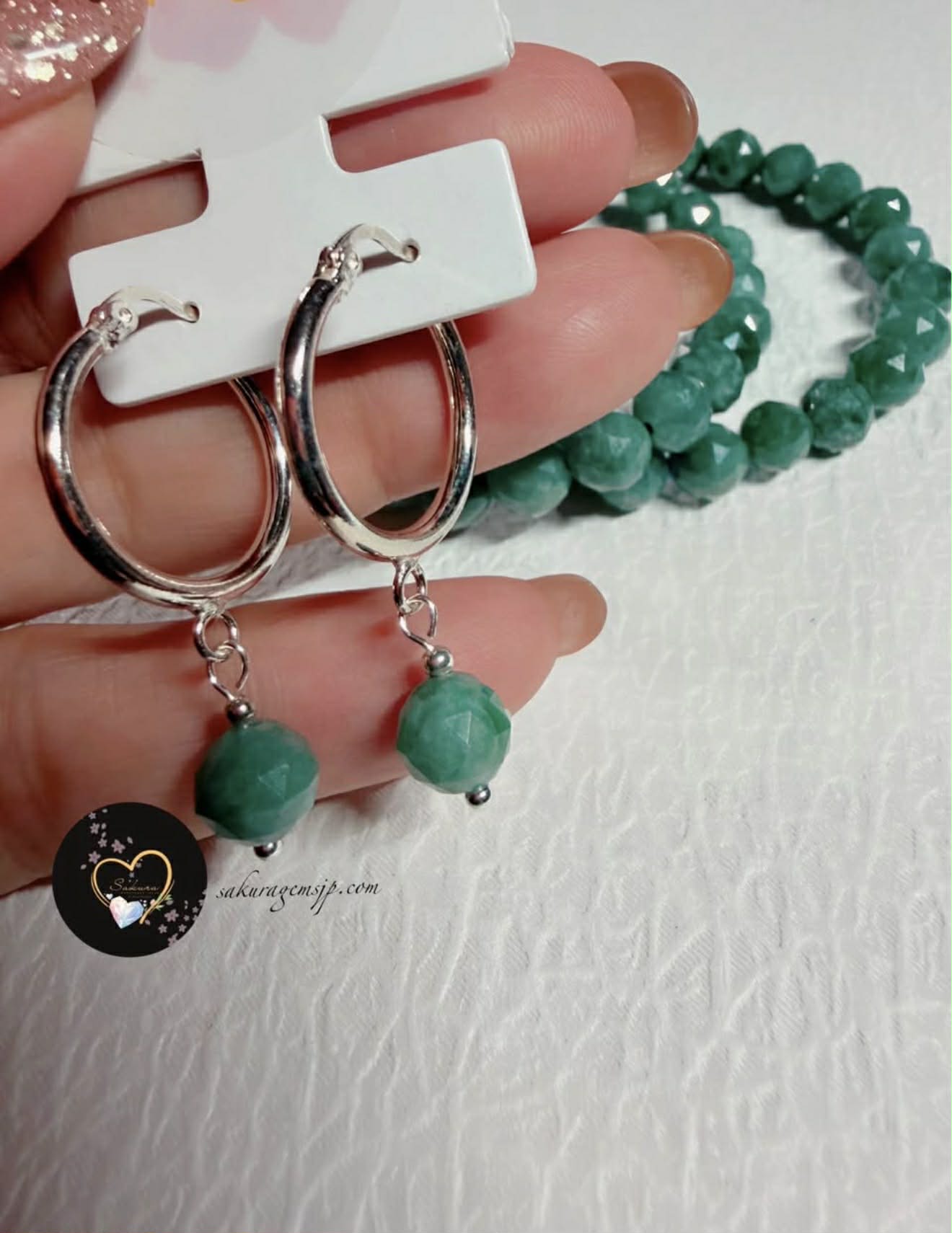 Natural Stone 天然石 ANGELITE Burmese Jadeite (Faceted Cut loop-earrings)