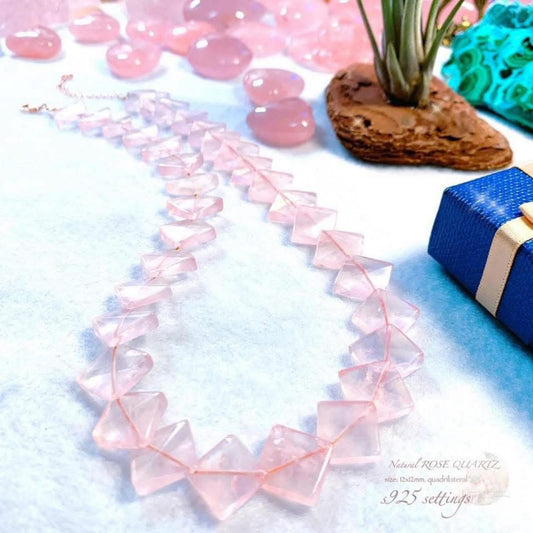 Natural Rose Quartz ( Quadrilateral ) cut necklace