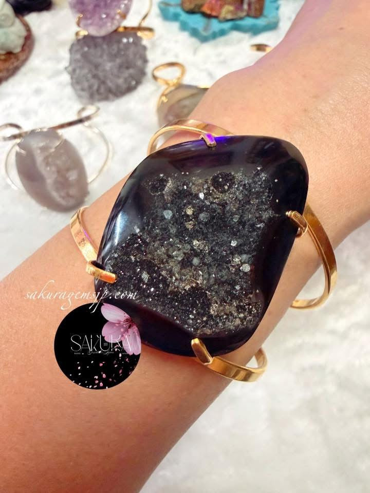 Natural Stone Dark Black “DRUZY” Agate Cuff - Statement Bangle Bracelet