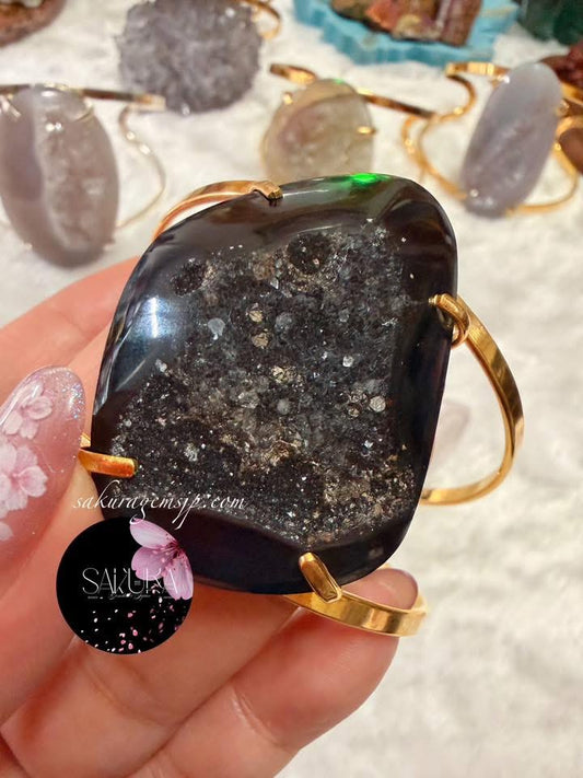 Natural Stone Dark Black “DRUZY” Agate Cuff - Statement Bangle Bracelet