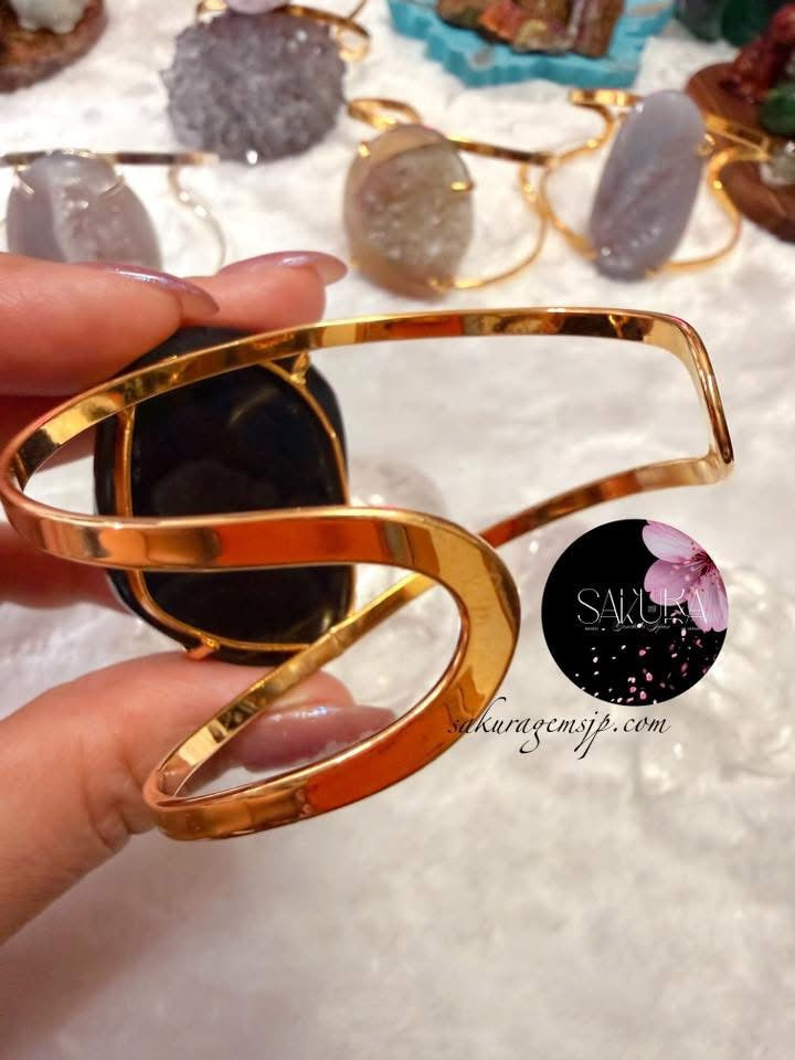 Natural Stone Dark Black “DRUZY” Agate Cuff - Statement Bangle Bracelet