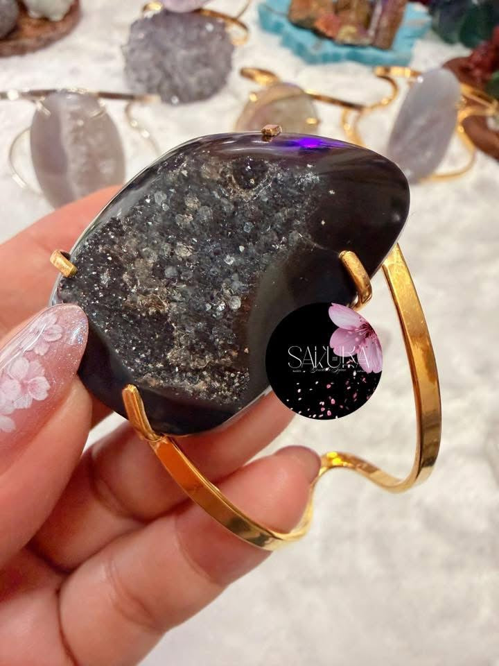 Natural Stone Dark Black “DRUZY” Agate Cuff - Statement Bangle Bracelet