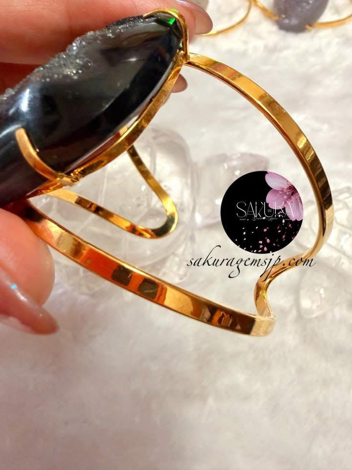Natural Stone Dark Black “DRUZY” Agate Cuff - Statement Bangle Bracelet
