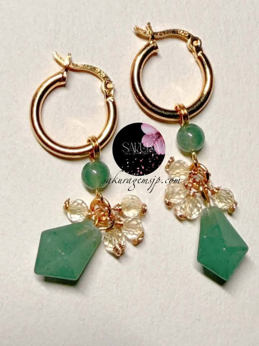 s925 Sterling Silver Gold Hoop Green Aventurine x Faceted Citrine Dangling Earrings