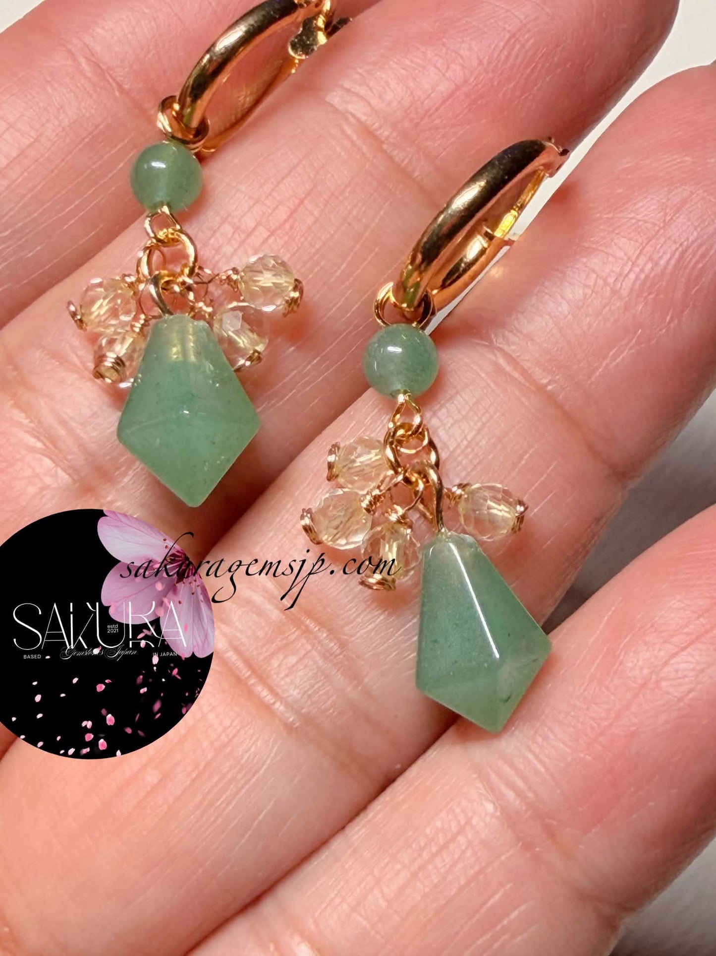 s925 Sterling Silver Gold Hoop Green Aventurine x Faceted Citrine Dangling Earrings