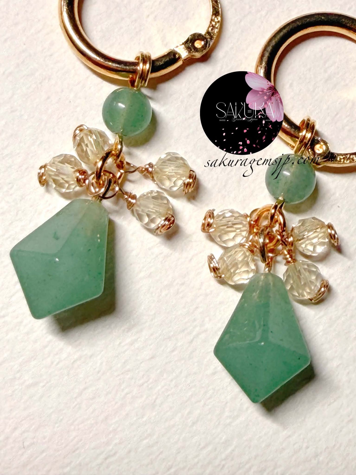 s925 Sterling Silver Gold Hoop Green Aventurine x Faceted Citrine Dangling Earrings